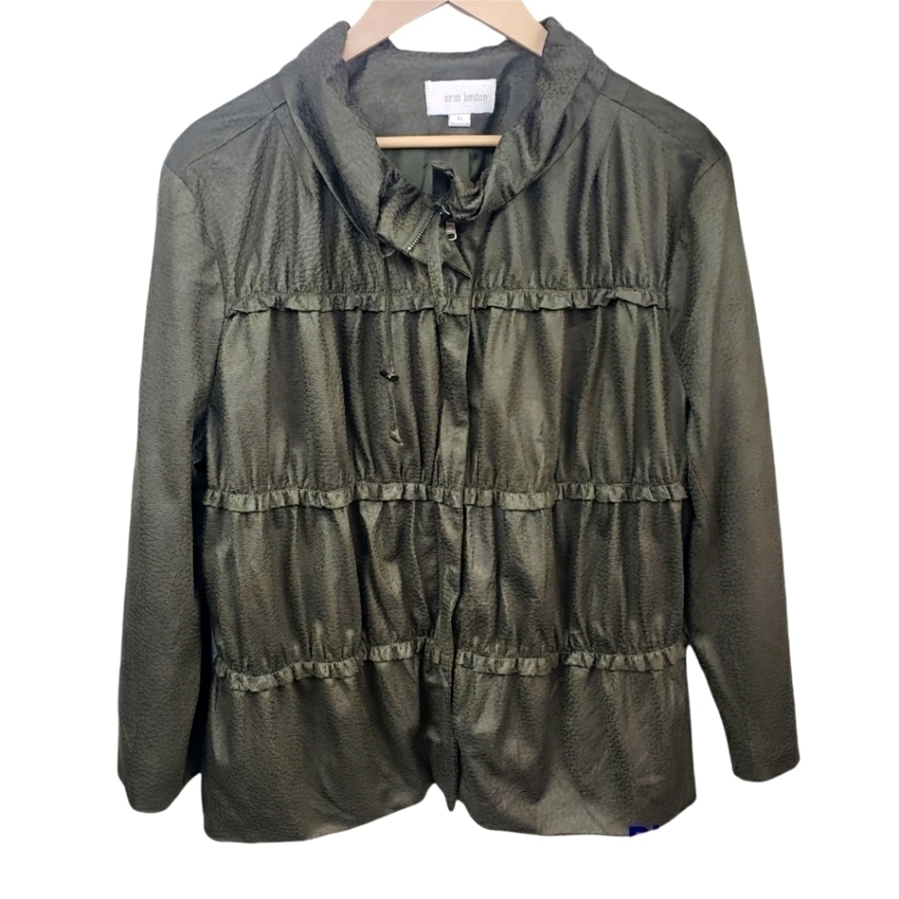 ERIN LONDON Ruffled Animal Print Jacket Olive Size XL